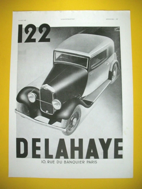 PUBLICITE DE PRESSE DELAHAYE 122 AUTOMOBILE ILLUSTRATION RENé RAVO 1933