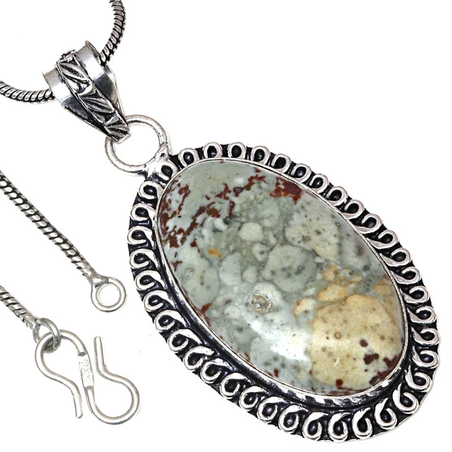 925 Silver Designer Jasper Gemstone Valentine's Gifted Jewelry Pendants 1.75"