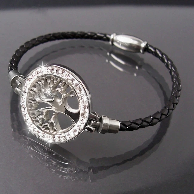 Armband Leder schwarz 20cm Edelstahl Lebensbaum silber Strass Damen A77701