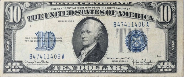 1934D $10 Silver Certificate FR1705 VF Uncertified