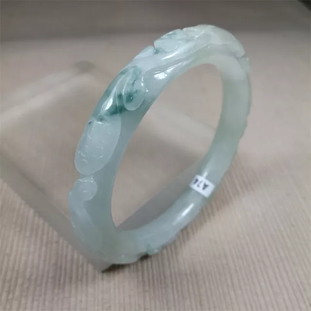 54mm Natural Icy Green Jadeite Bracelet Carving Ruyi Flower Burma Jade Bangle