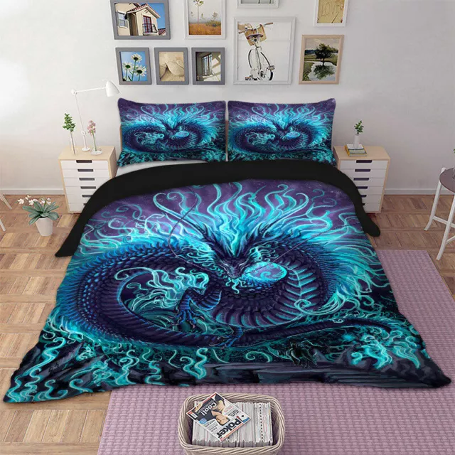 Duvet Doona Quilt Cover Set Single Double Queen King Size Blue Dragon