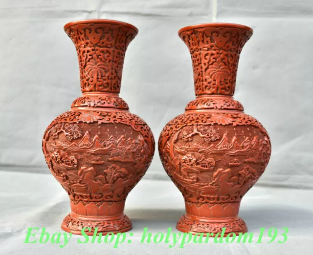 10" Marked Chinese Red lacquerware Carving Mountain Water Pavilion Vase Pair