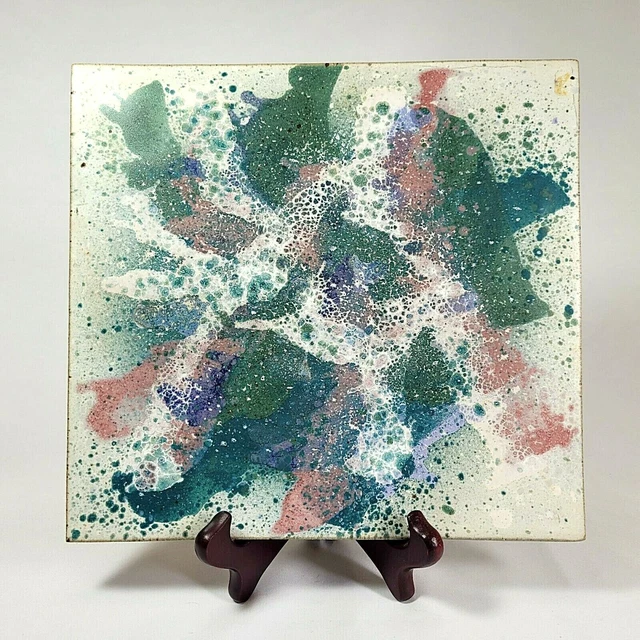 Studio Art Pottery Tile Abstract Pink Blue Green 9" Ceramic Artist Signed SNYDER