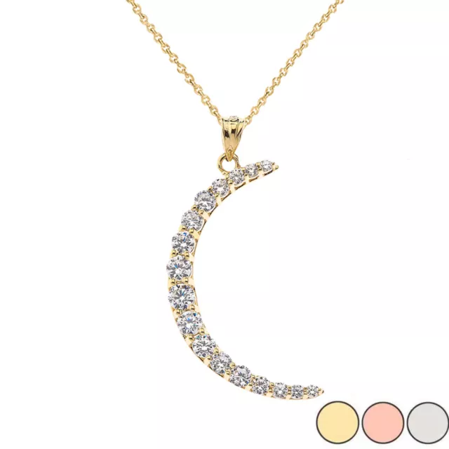 Solid Gold Crescent Moon With CZ Pendant Necklace In (Yellow White Rose)