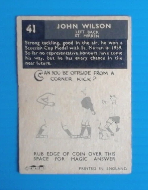 Abc Gum 1960 Fussballer Schwarz Rücken 41 John Wilson St Mirren (Fehlerkarte)