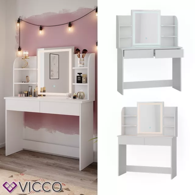 Coiffeuse Table de maquillage Commode Charlotte blanc Miroir LED Vicco