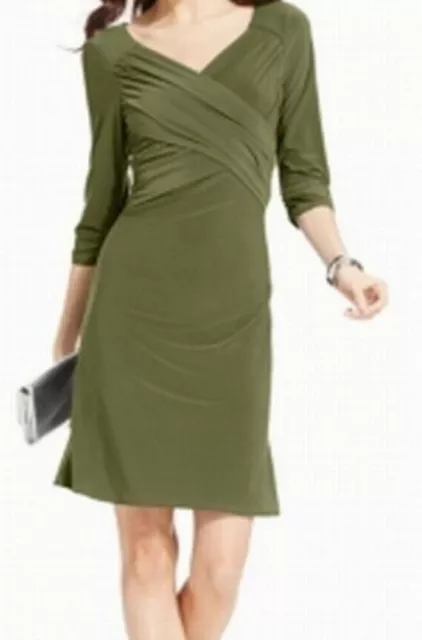 NY Collection Womens Large Olive Green B Slim Dress Green Wrap Look