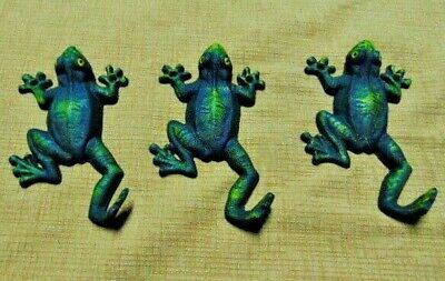 3 Cast Iron Hand Painted Green Frog Towel Hook Coat Toad