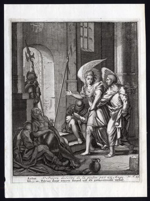 Antique Bible Print-N.T.55-PETER-ANGEL-PRISON-ESCAPE-ACT-Halma-Scheits-1710