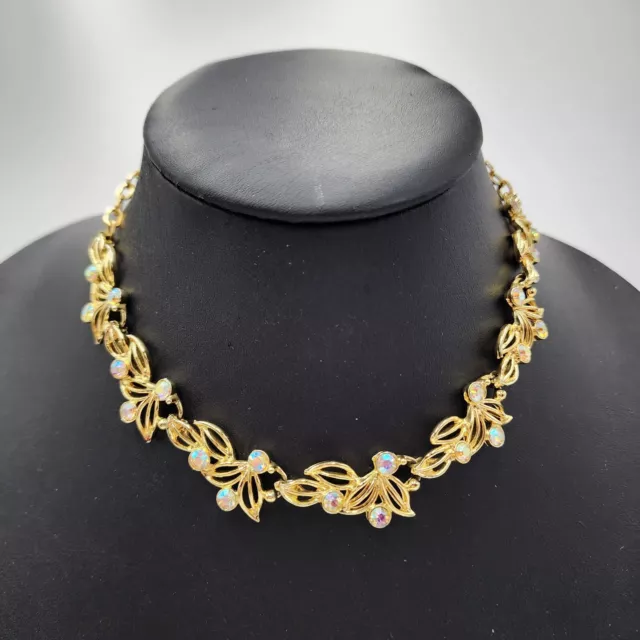 Vintage Aurora Borealis Rhinestone Collar Necklace Gold Tone Leaf Link AB 16"