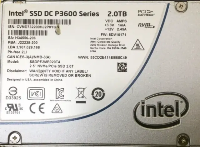 Intel DC P3600 Series 2TB NVMe PCIe 2.5'' SSD SSDPE2ME020T4 HDD hard drive