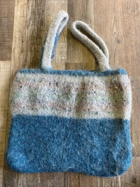 Vintage Felted Heavy Wool Artisan Handbag Purse Tote Bag Handmade Winter 12 X 15