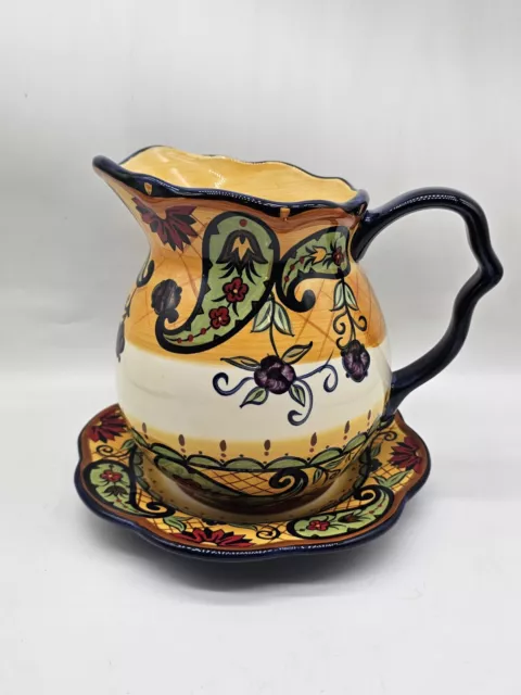 Corsica Crown Jewel Pattern Ceramic Pitcher With Plate Yellow/Blue