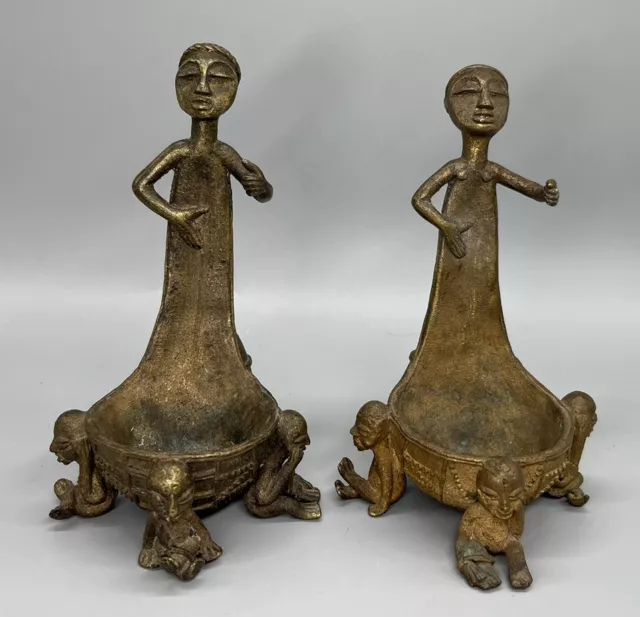 African Ashanti Akan Bronze Women Baby Babies Figure Figurine Decor Gold Color