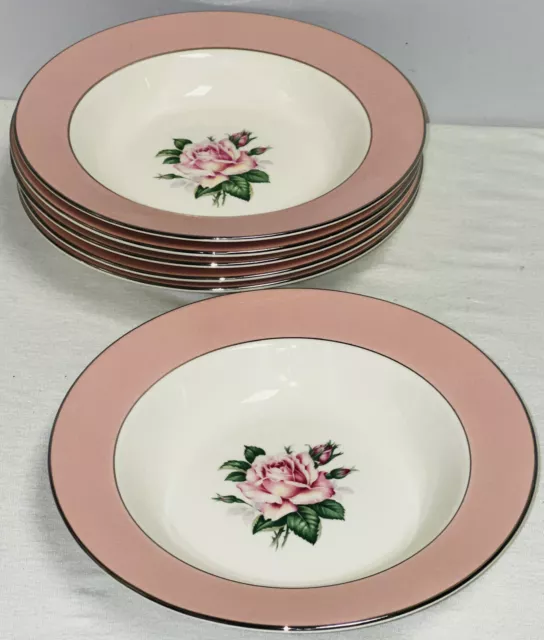 6 Homer Laughlin Lifetime PINK ROSE 8" FLAT SOUP BOWLS