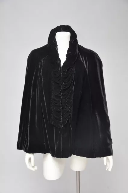 VTG Vintage 1930s 30s Black Silk Velvet Cape Coat Jacket Ruching Holiday XS-M