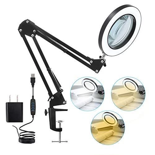 LED Magnifying Lamp with Clamp 10X Real Glass Lens 3 Color Modes and Stepless...