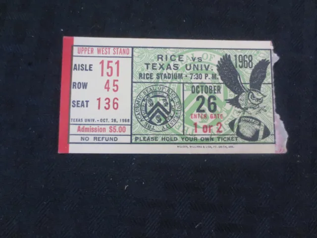 Texas Longhorns Football Ticket  VS Rice Owls Oct 26, 1968