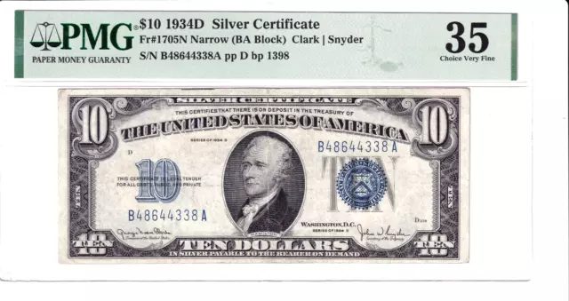 1934-D $10 Silver Certificate BA Block Narrow PMG 35 #B48644338A