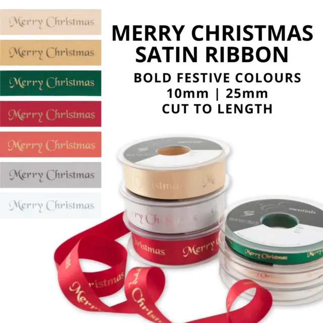 Berisfords Merry Christmas Satin Ribbon - 10mm | 25mm - Gift Wrap, Bow Making