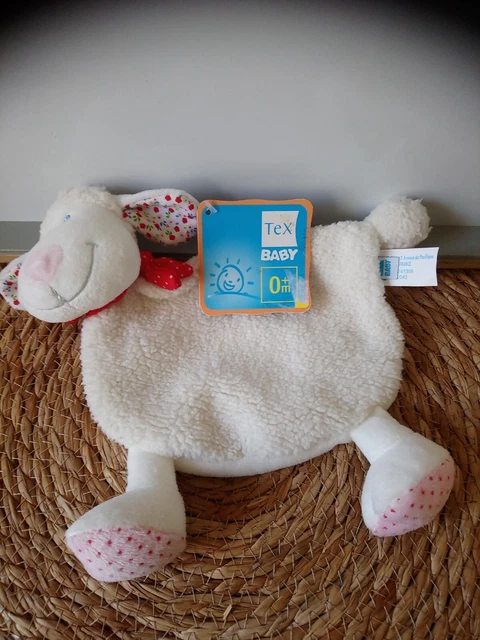Doudou plat mouton blanc fleurs pois bandana rouge Tex Baby Neuf  + cadeau