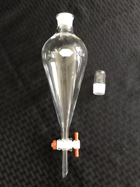 KIMAX 500mL Glass Squibb Separatory Funnel 4mm PTFE Stopcock #27 Stopper