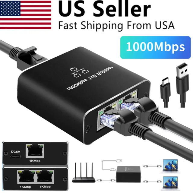 1000Mbps Ethernet Splitter Adapter RJ45 Cable LAN Network Internet 1 IN 2 Out US