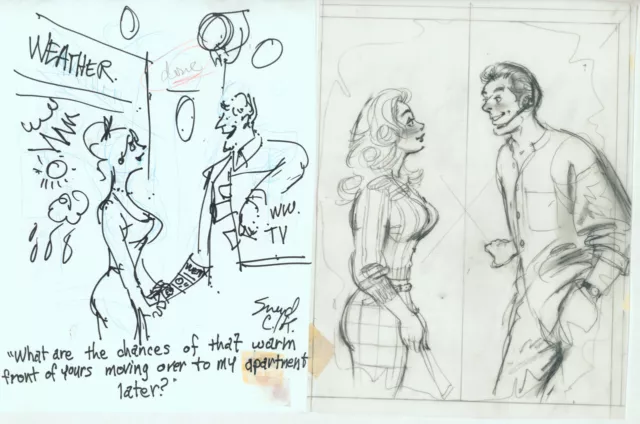 Doug Sneyd Signed Original Art 2 Sketch Gag Rough Playboy July 1997 Weather Girl 2