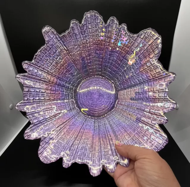 Vtg Luster Art Glass Bowl Flower Petal Dish Turkey Akcam Waffle Purple