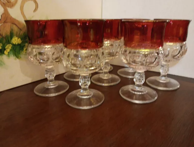Vintage Set Of 8 Kings Crown Thumbprint Cranberry Flash 7 Oz Glass Water Goblets 3
