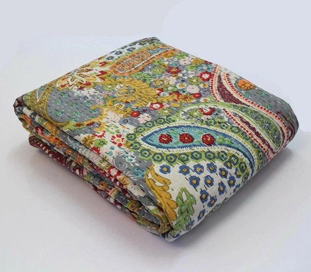 Colcha de algodón indio con estampado gris Kantha colcha colcha doble manta