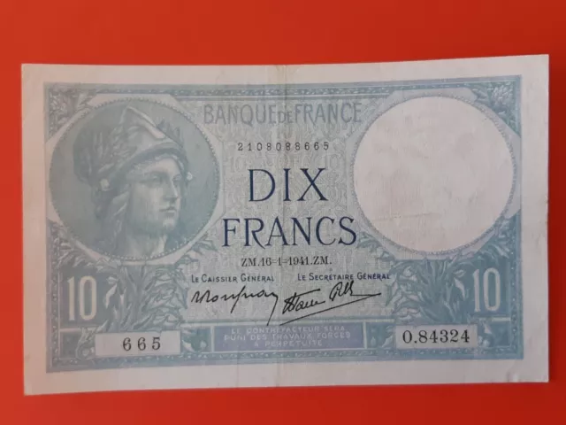 France,Billet Qualité Sup De "10 Francs Minerve "Du 16-1-1941