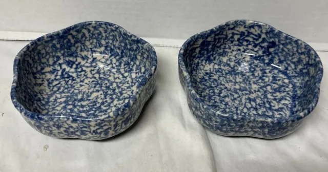 2 Roseville Workshops Of Gerald E Henn Petal Bowls 6 1/2"  Blue Spongeware