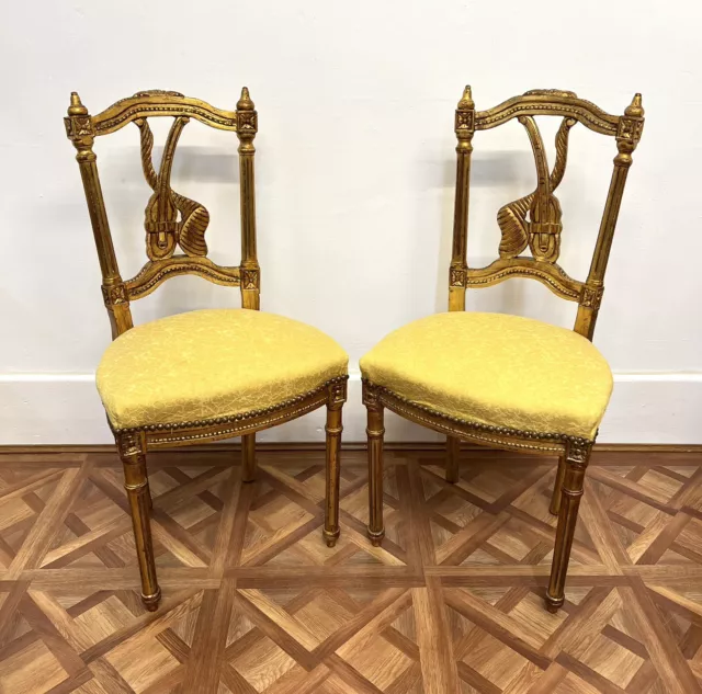 Pair of French Louis XVI Style Gold Gilt  Antique Chairs With Musical Detail 2