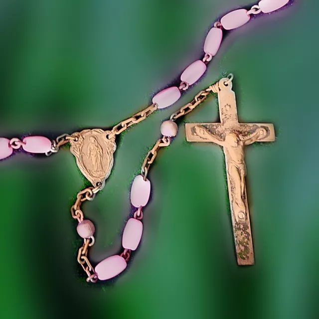 Vintage Pink Rosary Beads Gold Tone Crucifix Cross Catholic 21 Inches 60's