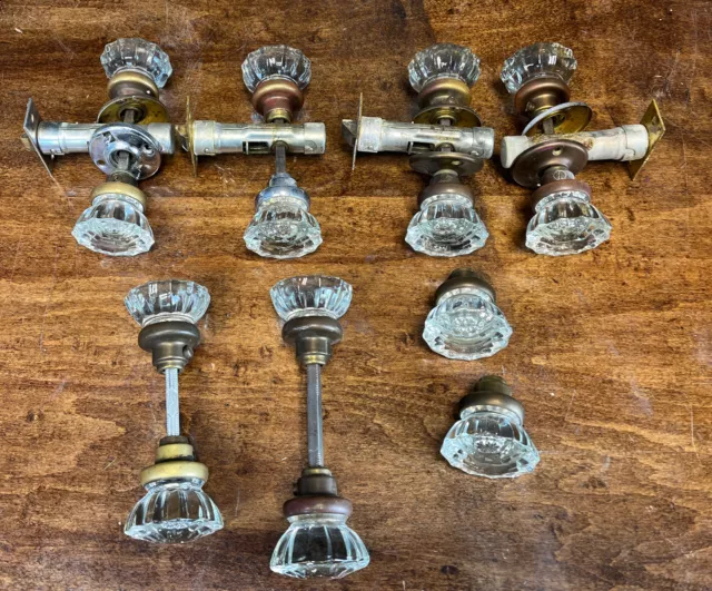 Vintage 12 Point Crystal Clear Glass & Brass Door Knobs Total Of 14 Glass Knobs