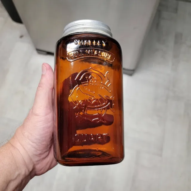 Smalley Full Measure Quart w/ monogram square amber fruit jar with original lid