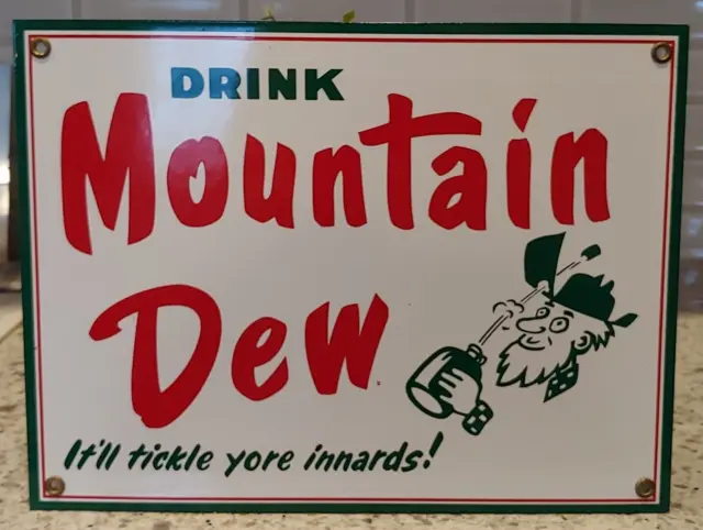 Vintage Mountain Dew Soda Pop Advertising Enameled Porcelain Sign 12x9