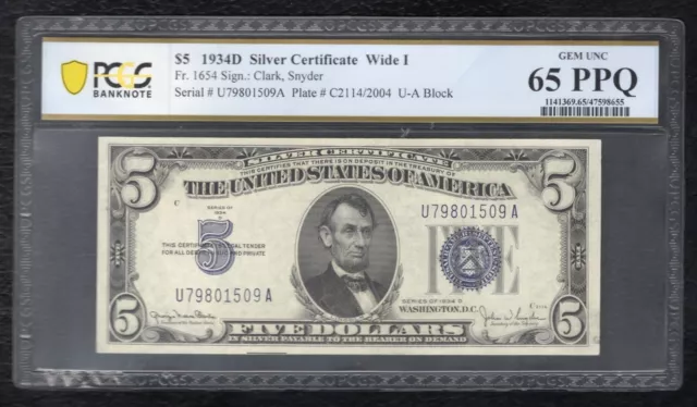 Fr. 1654 1934-D $5 Wide I Silver Certificate Pcgs Banknote Gem Unc-65Ppq (K)