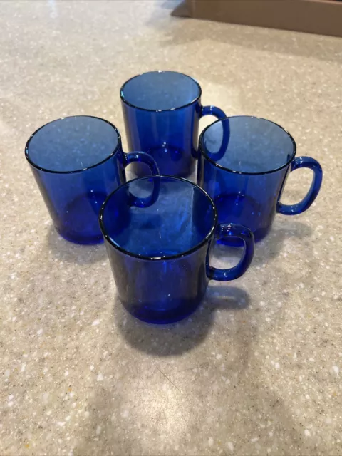 Vtg Cobalt Blue Glass 3 3/4" Tall Coffee Tea Mugs Made In France~Set of 4