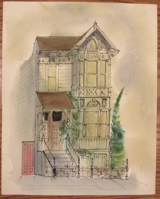 2 sided Pauline Blanc watercolor & ink drawing Victorian house San Francisco?