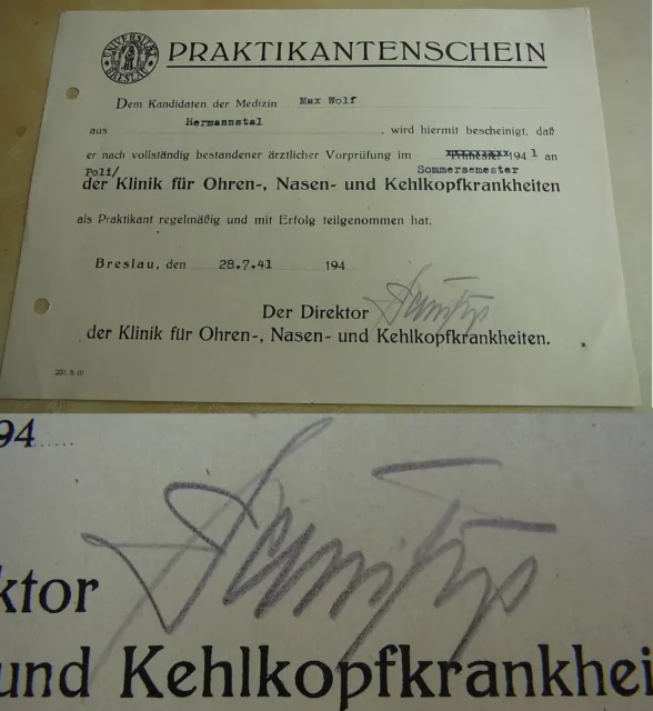 HNO-Arzt Reinhard PERWITZSCHKY (1896-1971): Signatur auf Zeugnis BRESLAU 1941