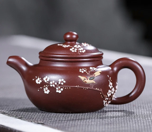 4.6" Chinese Yixing Zisha Pottery Purple Zhu Clay 140CC Plum Blossom Bird Teapot