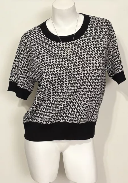 Nwt Women's Michael Kors Black & White Short Sleeve Mk Logo Sweater Msrp $98.00