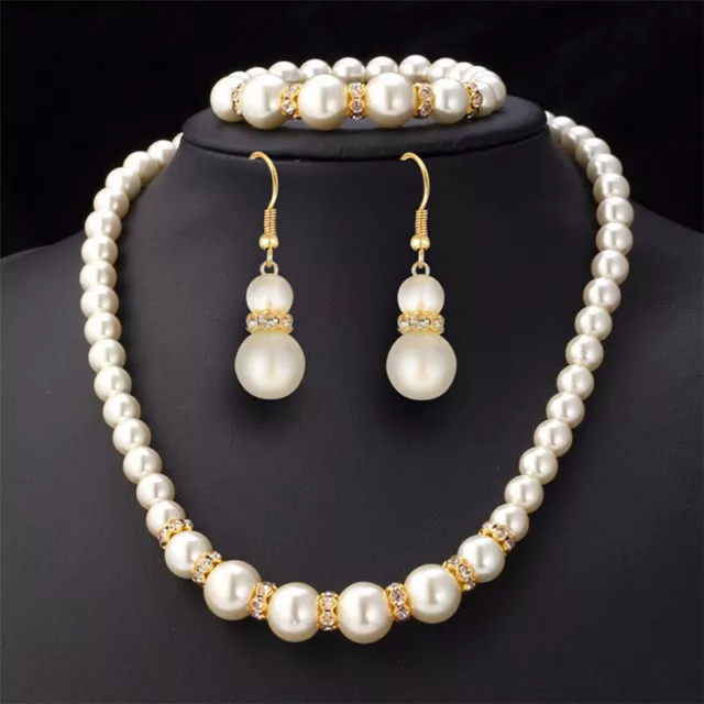 3in1 Set Elegant Pearl Necklace Earrings Bracelet Long Necklace Jewelry GiEL