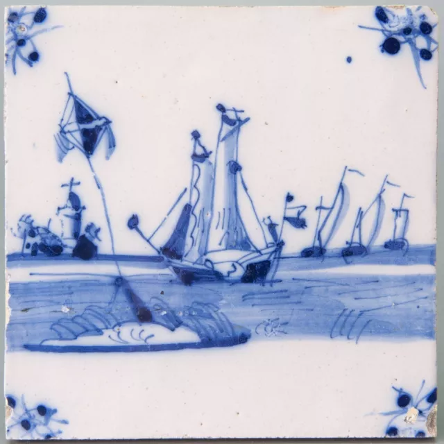 Nice Dutch Delft Blue tile, sailboat, circa 1800.
