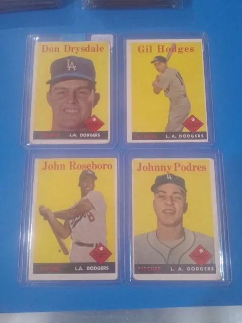 1958 Topps L.a. Dodgers 4 Card Lot Don Drysdale, Hodges, Podres, Roseboro Rookie