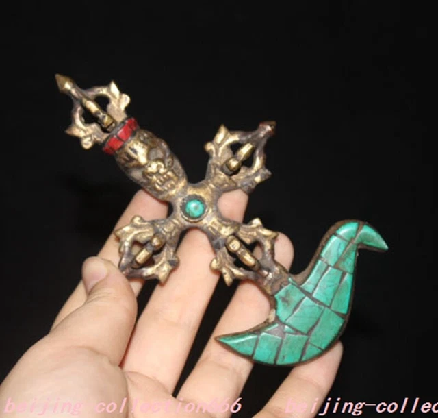4.8" Tibet Buddhism bronze Gilt Inlay turquoise Vajra Phurpa Dagger equipment ax