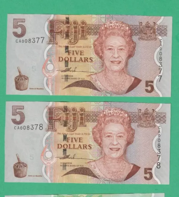 Fiji - 2007-12 - 2x $5 Five Dollar Banknotes - Very Fine - CONSECUTIVE SERIALS